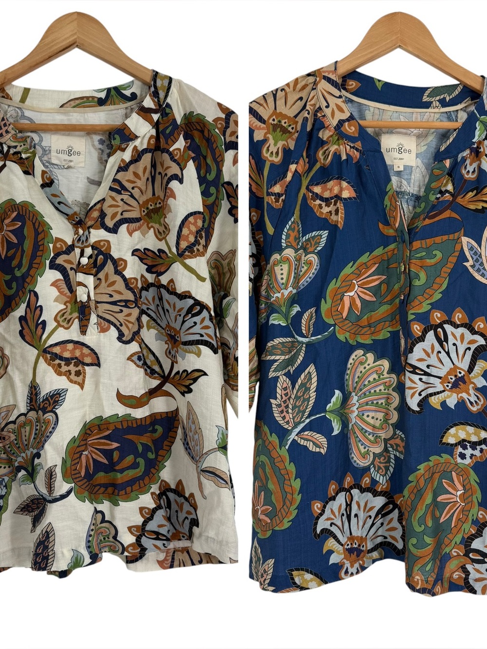 Umgee Lot Of 2 Tops Size Small Blue Cream Floral V-neck Boho Balloon Sleeve